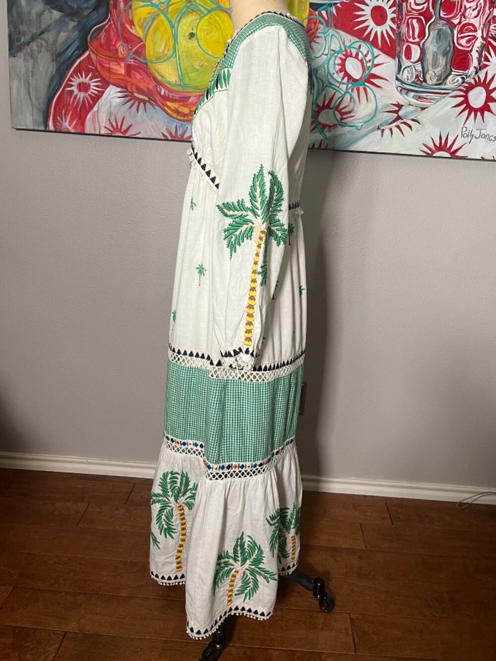 FARM Rio Embroidered Palm Tree Gingham Green White Maxi Dress - Picture 7 of 12